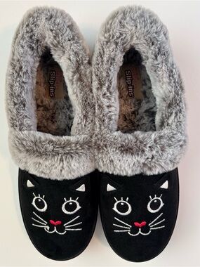 Skechers BOBS Slip Ins Too Cozy Meow Pajamas Black Gray Slippers NWOB 9.5